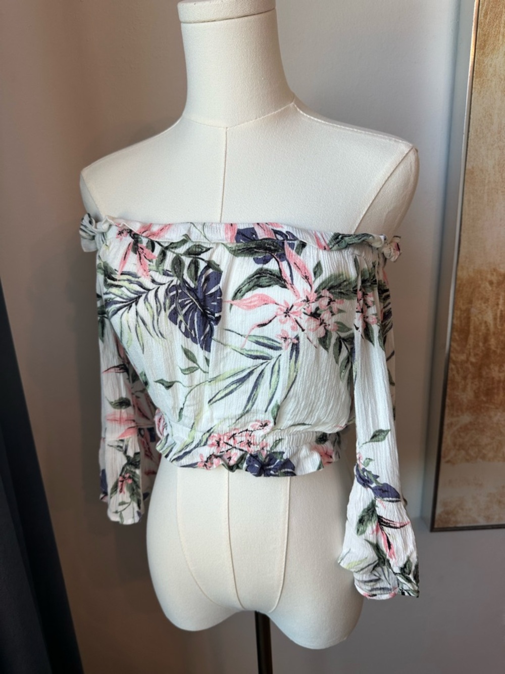 Divided Floral Off-Shoulder Crop Top in White with Pink & Green Print Summer